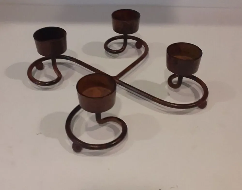 Scrolled Metal 4 prong Candle Holder Distressed Bronzed Finish